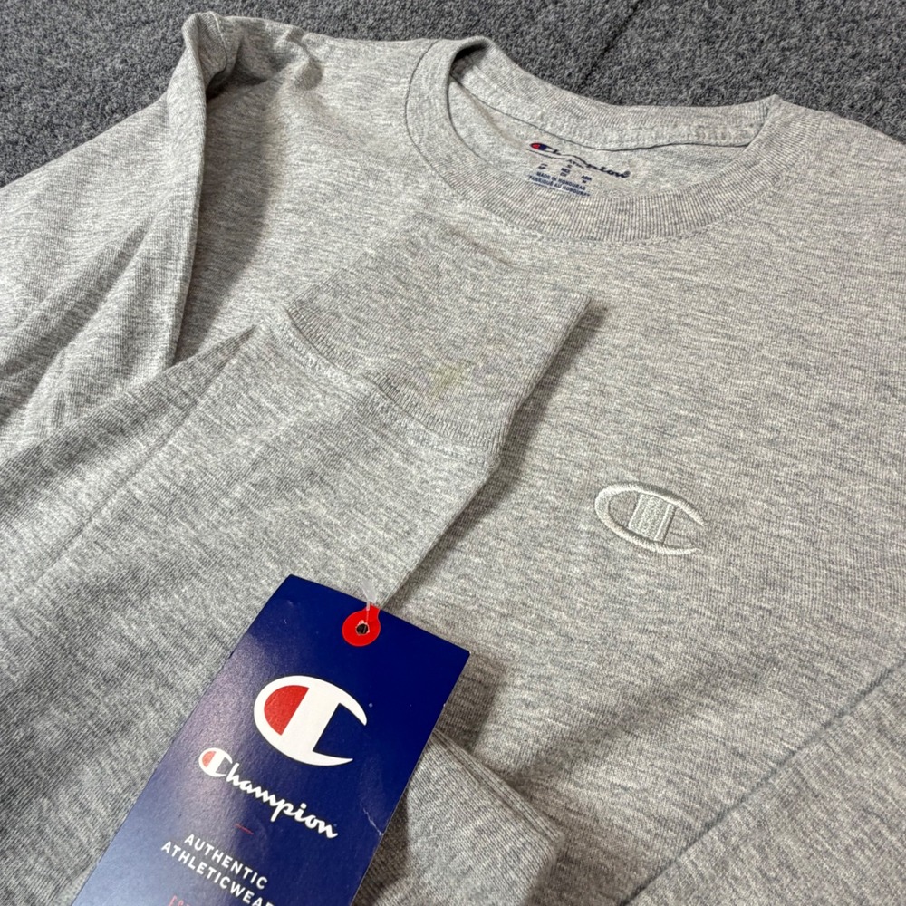 Champion Mens Size Small Long Sleeve T-Shirt Heather Gray Embroidered Logo NEW